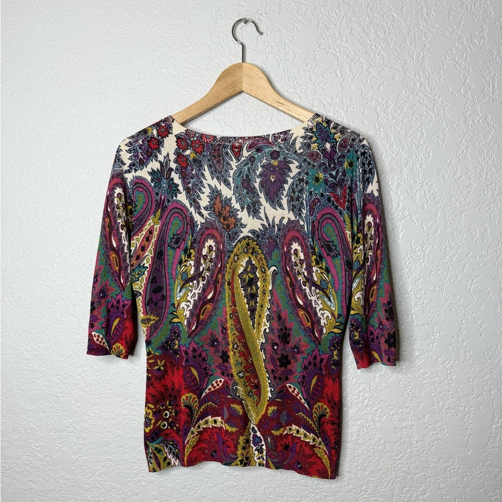 Etro Maglia Knitted 100% Silk Paisley Printed 3/4 Sleeve Blouse Made in Italy 46 - Picture 2 of 6